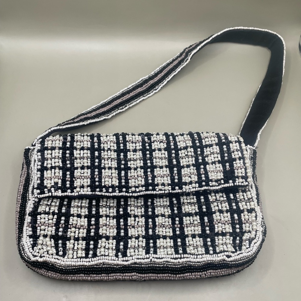 Anthropologie READ! Black & White Checkered Beaded Shoulder Purse 8x4.5”